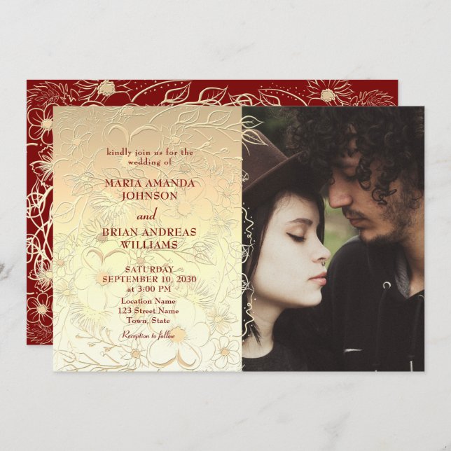 Fotoinbjudan till Guld Blommigt Snöre Bröllop Inbjudningar (Fram/baksida)