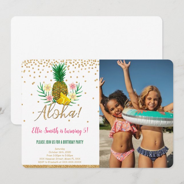 Fotoinbjudan till hawaiian Birthday Kids Inbjudningar (Fram/baksida)