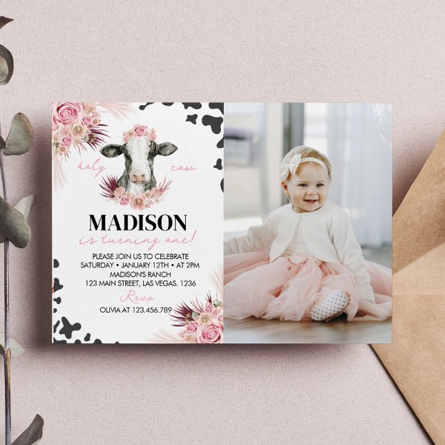 Fotoinbjudan till kow första födelsedag tack kort (Skapare uppladdad)