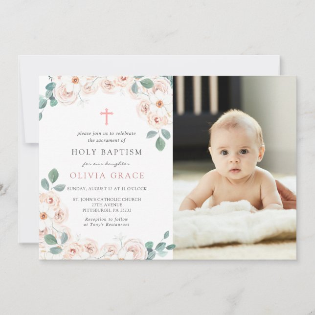 Fotoinbjudan till kvinnlig Blommigt Baptism Inbjudningar (Framsida)