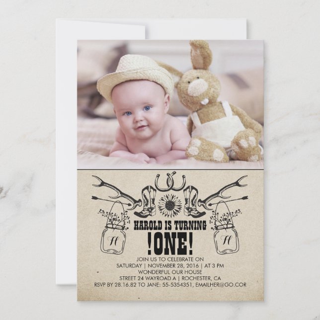 Fotoinbjudan till land och Rustic 1 Birthday Inbjudningar (Framsida)