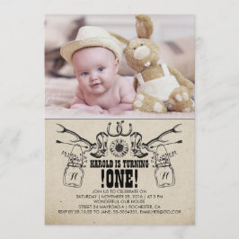 Fotoinbjudan till land och Rustic 1 Birthday Inbjudningar