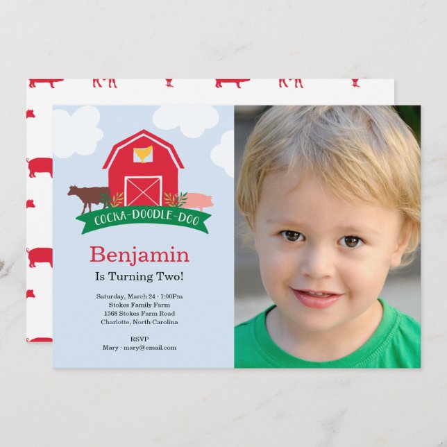 Fotoinbjudan till lantbruksdjur Födelsedagsfest Inbjudningar (Fram/baksida)