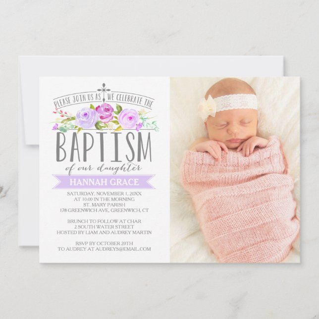 Fotoinbjudan till Lila Baptism i ro Banner  Baptis Inbjudningar (Framsida)