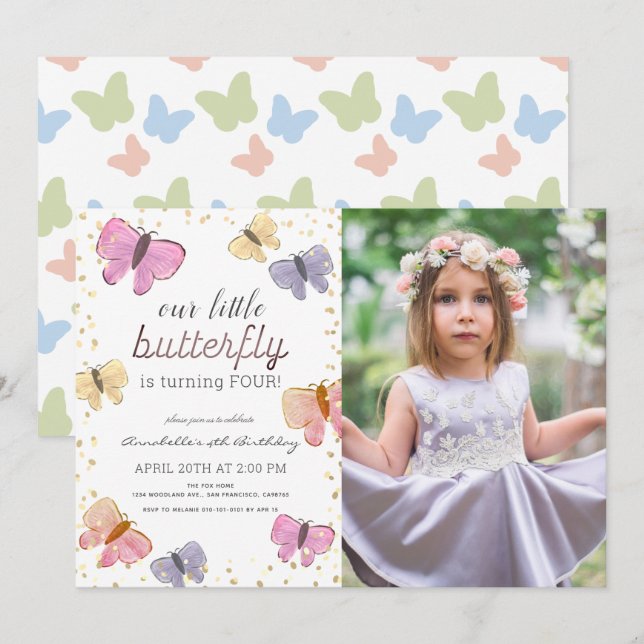 Fotoinbjudan till Little Butterfly Girl Birthday Inbjudningar (Fram/baksida)