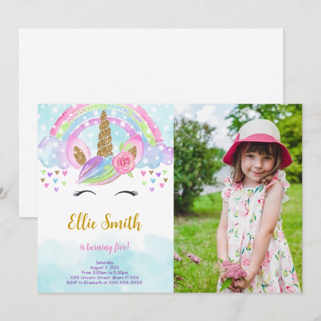 Fotoinbjudan till Magic Unicorn vatten Färg Inbjudningar (Fram/baksida)