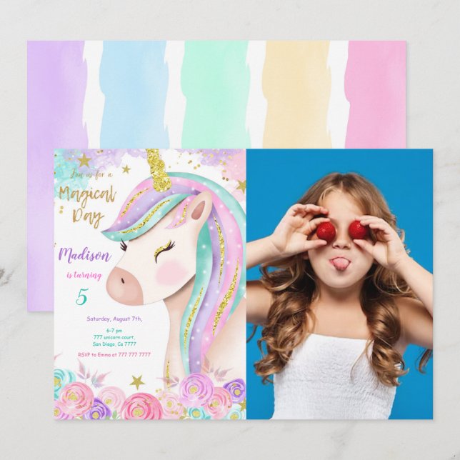 Fotoinbjudan till Magic Vatten Färg Unicorn Inbjudningar (Fram/baksida)