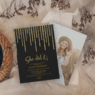 Fotoinbjudan till Modern Guld Glitter Grad Party i Inbjudningar