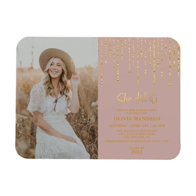 Fotoinbjudan till Modern Guld Glitter Grad Party i Magnet (Horisontell)