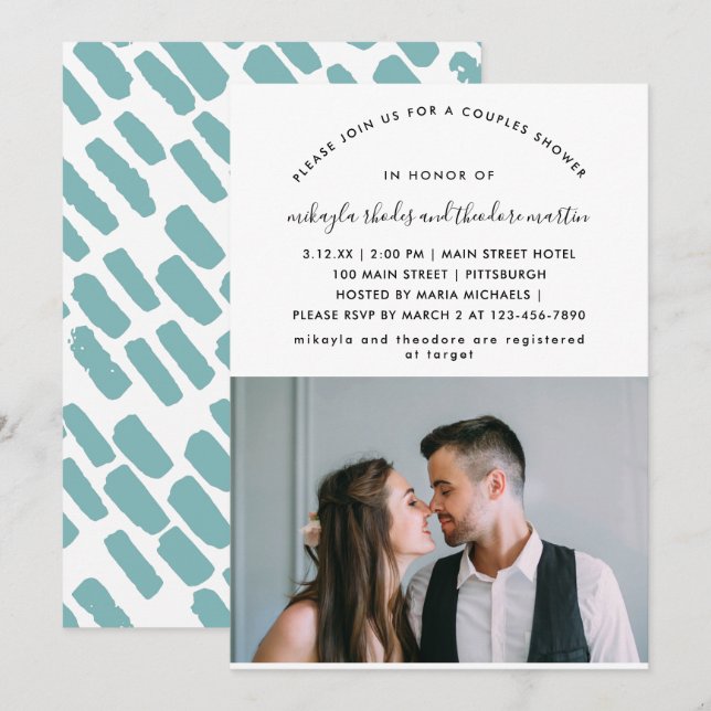 Fotoinbjudan till Modern Script Par Shower Inbjudningar (Fram/baksida)