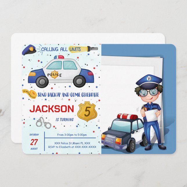 Fotoinbjudan till polisfödelsedag inbjudningar (Fram/baksida)
