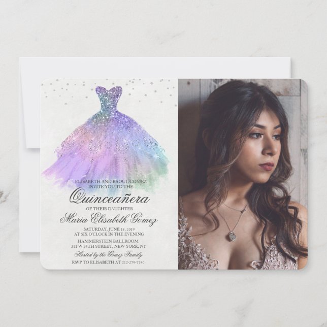 Fotoinbjudan till Quinceanera Glitter Dress Diamon Inbjudningar (Framsida)