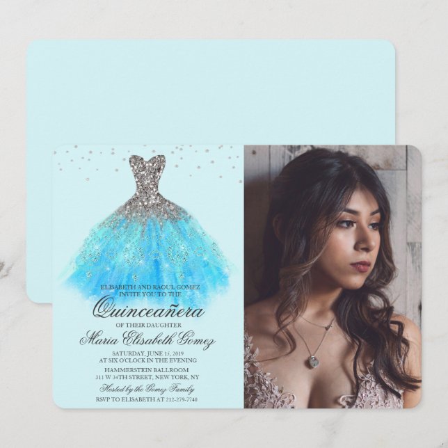 Fotoinbjudan till Quinceanera Glitter Dress Diamon Inbjudningar (Fram/baksida)