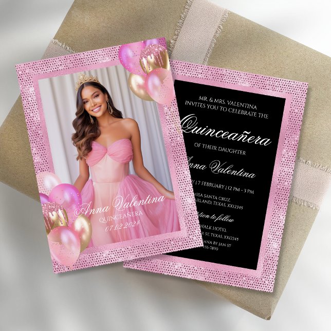 Fotoinbjudan till Quinceañera Rosa Guld Birthday Inbjudningar (Skapare uppladdad)