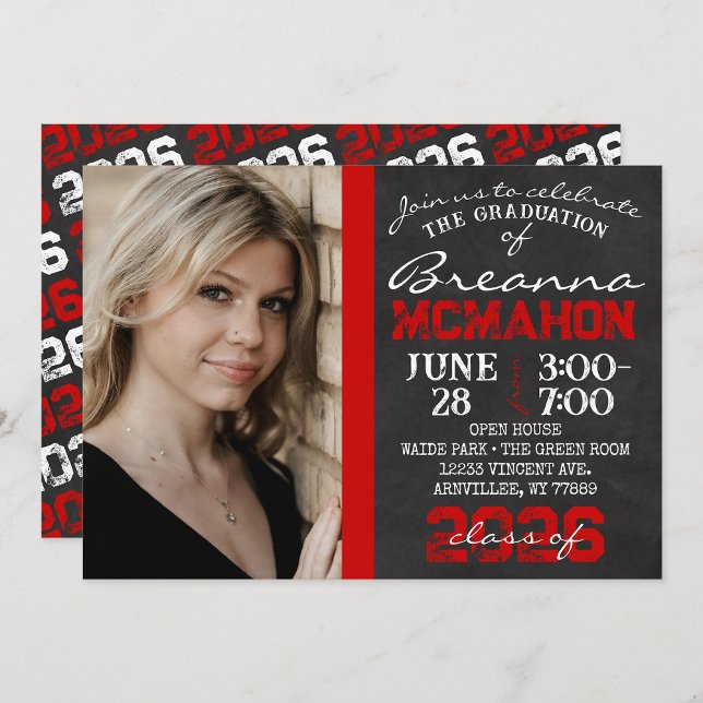 Fotoinbjudan till Red & Black Chalkboard Studenten Inbjudningar ( Repeating Class Year 1 & 2 Photo Graduation Invitations & Announcements)