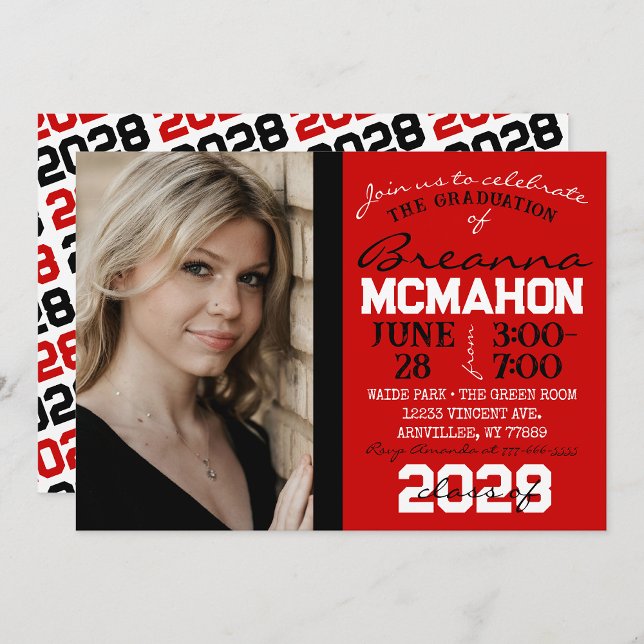 Fotoinbjudan till Red, Black & White Studenten Inbjudningar ( Repeating Class Year 1 & 2 Photo Graduation Invitations & Announcements)