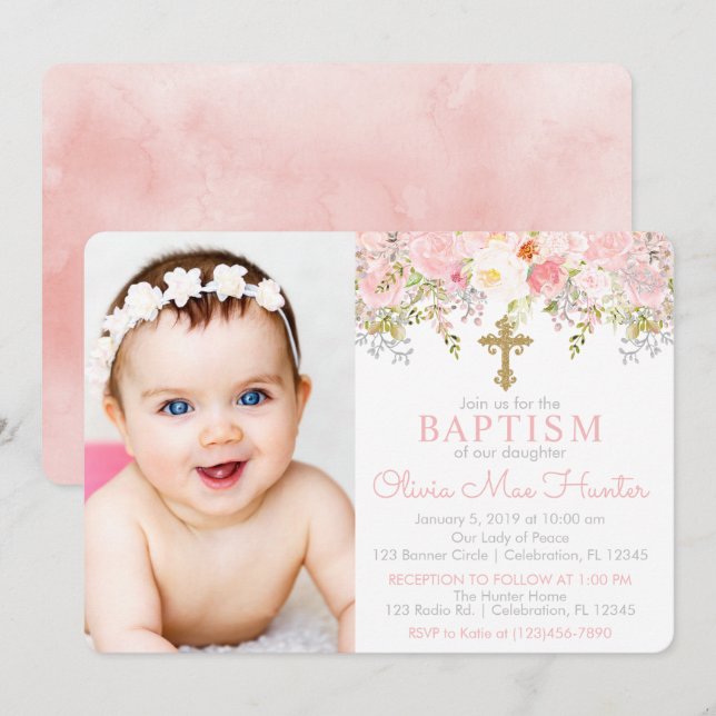Fotoinbjudan till ro Garden Girl Baptism-foto Inbjudningar (Fram/baksida)