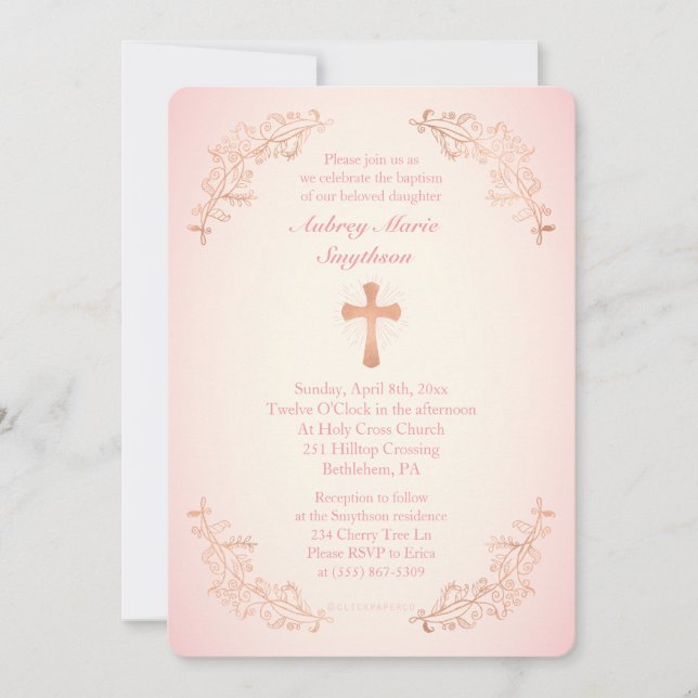 Fotoinbjudan till Rosa om baptism i ro Guld Kor Inbjudningar (Framsida)