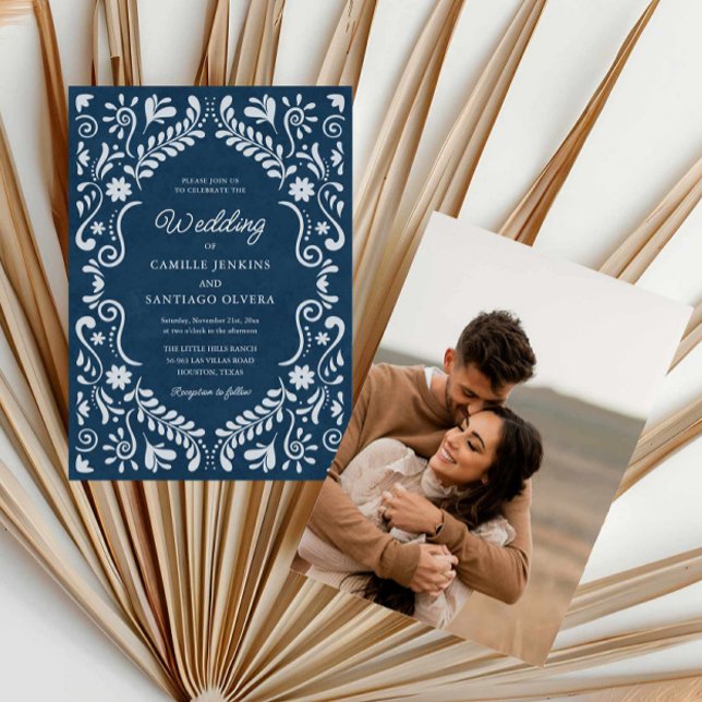 Fotoinbjudan till Rustic Blue Mexican Bröllop Inbjudningar (Blue Rustic Mexican Photo Wedding Invitation)
