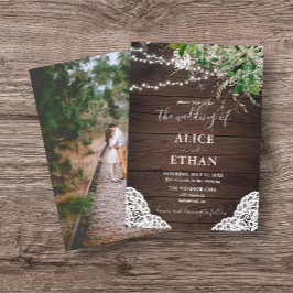 Fotoinbjudan till Rustic Wood Greenery Bröllop Inbjudningar