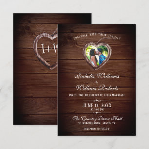 Fotoinbjudan till Rustic Wood Heart Bröllop Inbjudningar