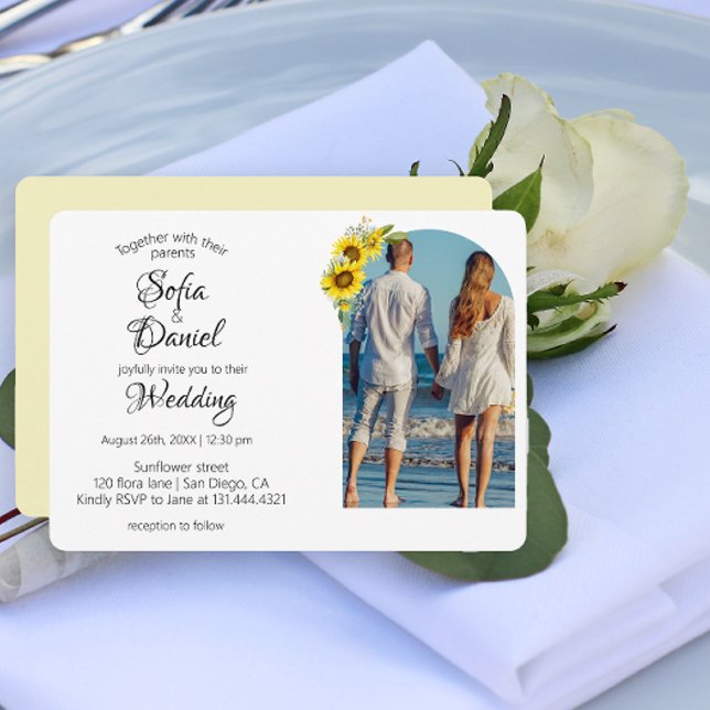 Fotoinbjudan till solrosfärglasyr med daisy elegan inbjudningar (Sunflower wedding)
