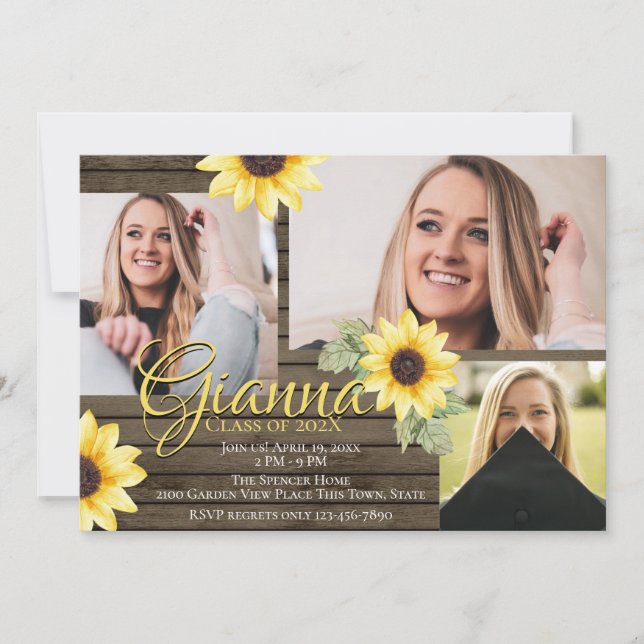 Fotoinbjudan till solrosor och barn Wood Student Inbjudningar (Framsida)