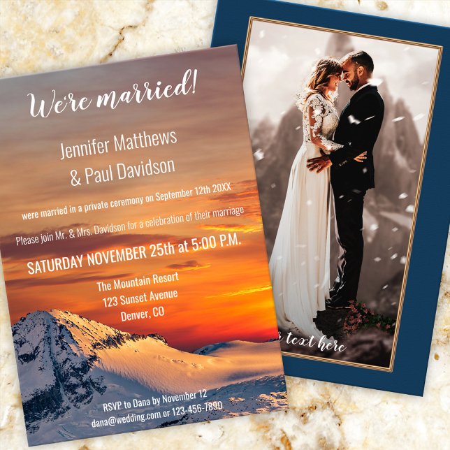 Fotoinbjudan till solupplöst bröllop i berg inbjudningar (Wedding reception only, post or after wedding invitation featuring a sunset on a winter wonderland)