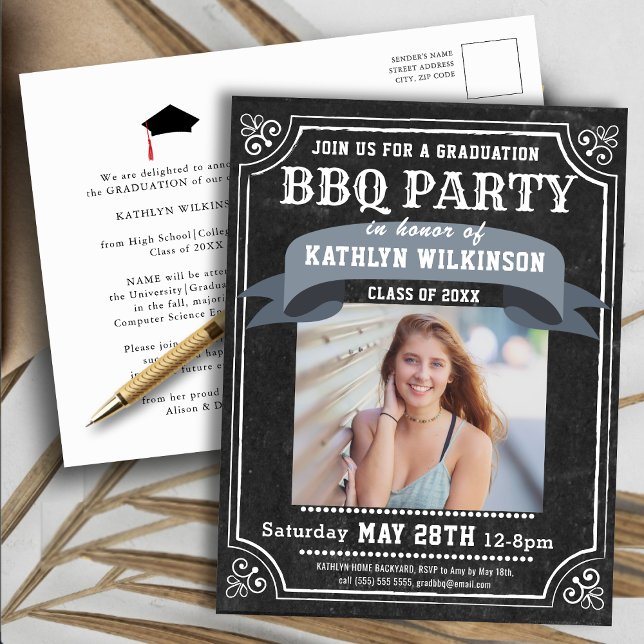 Fotoinbjudan till Studenten BBQ Party-kalkboard Vykort (Skapare uppladdad)