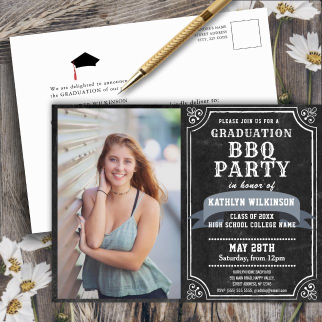 Fotoinbjudan till Studenten BBQ Party-kalkboard Vykort (Skapare uppladdad)