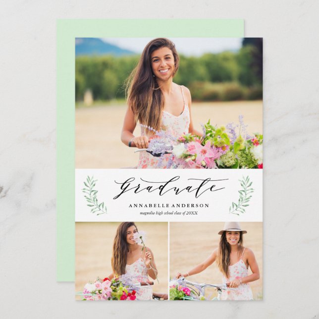 Fotoinbjudan till Studentfesten Leafy Laurels Inbjudningar (Fram/baksida)