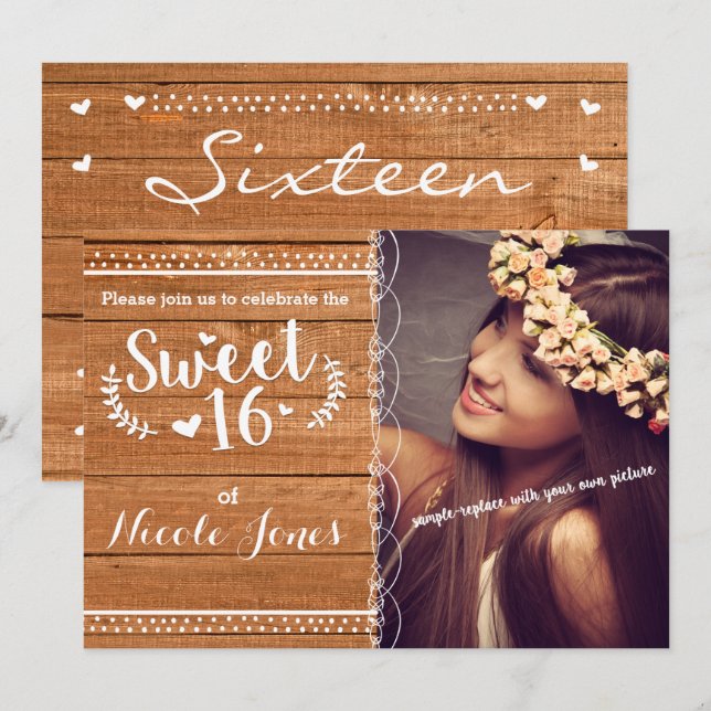 Fotoinbjudan till SWEET 16 Oak Wood Rustic Party Inbjudningar (Fram/baksida)