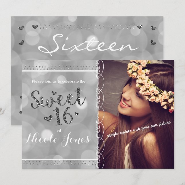 Fotoinbjudan till SWEET 16 Silver Glitter Party Inbjudningar (Fram/baksida)