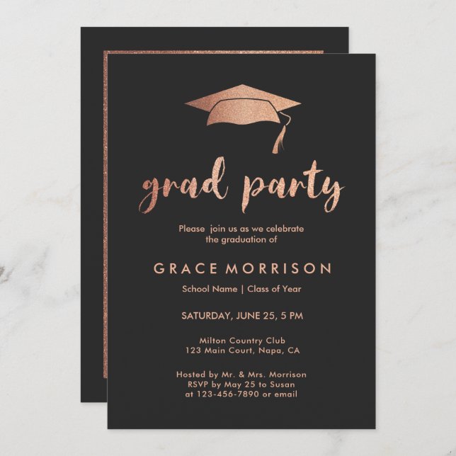 Fotoinbjudan till trendig Ro Guld Studentfest Inbjudningar (Fram/baksida)