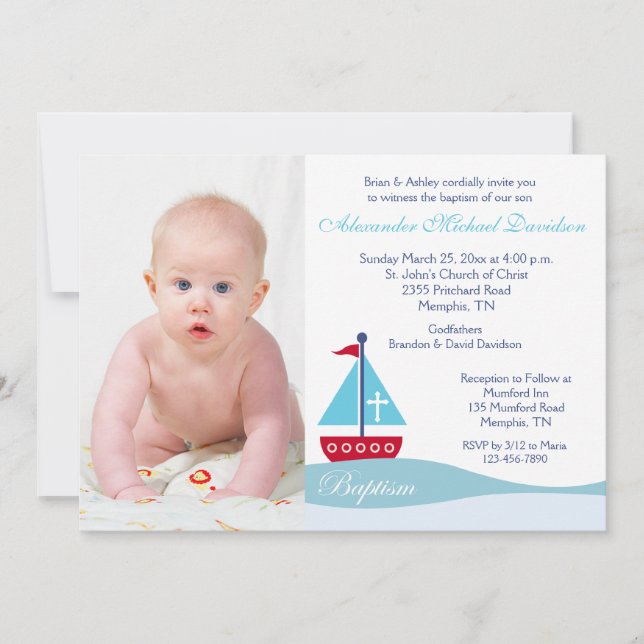 Fotoinbjudan till trendigets segelbåtsbaptism inbjudningar (Framsida)
