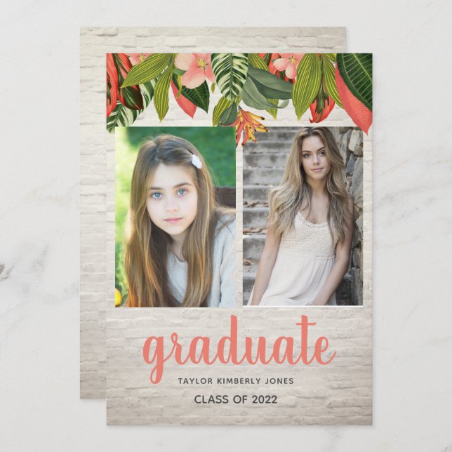 Fotoinbjudan till Tropical Blommigt Brick Studente Inbjudningar (Fram/baksida)