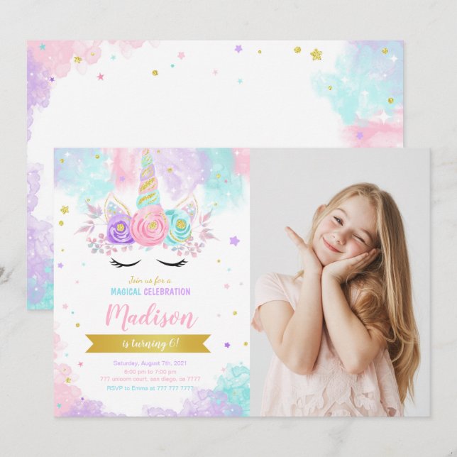 Fotoinbjudan till Unicorn Birthday Inbjudningar (Fram/baksida)