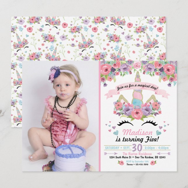 Fotoinbjudan till Unicorn Birthday Inbjudningar (Fram/baksida)
