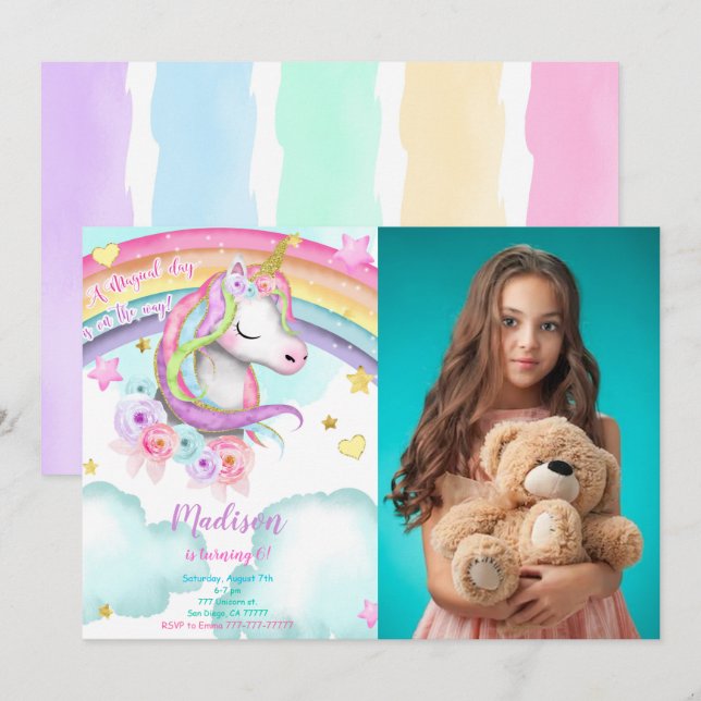 Fotoinbjudan till Unicorn Birthday Inbjudningar (Fram/baksida)