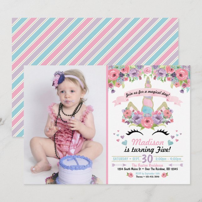 Fotoinbjudan till Unicorn Birthday Inbjudningar (Fram/baksida)