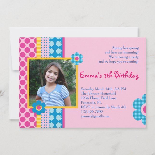 Fotoinbjudan till Vår Flower Girl Birthday Inbjudningar (Framsida)