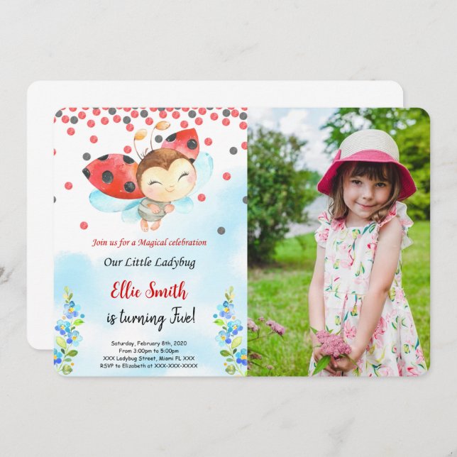 Fotoinbjudan till vatten Färg Ladybug Birthday Bir Inbjudningar (Fram/baksida)