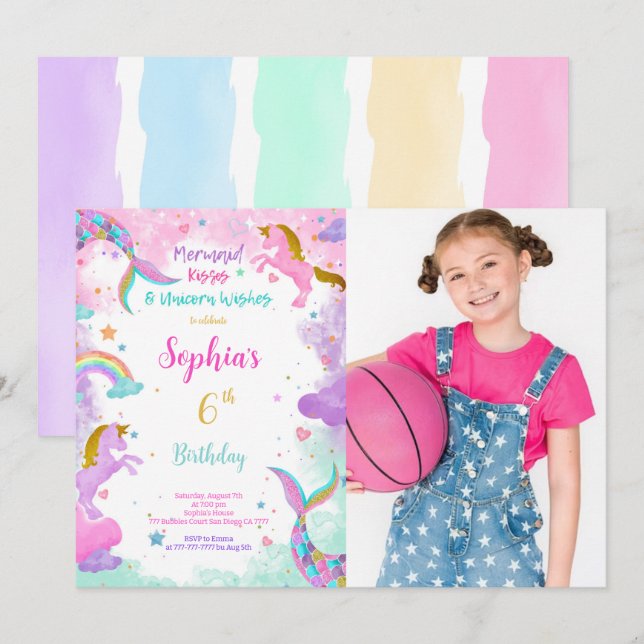 Fotoinbjudan till Vatten Färg Unicorn i Inbjudningar (Fram/baksida)