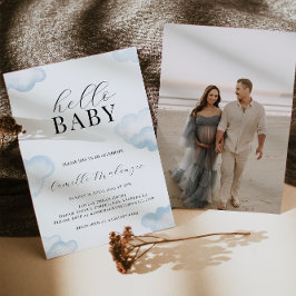 Fotoinbjudan till Watercolor Blue Cloud Baby Showe Inbjudningar