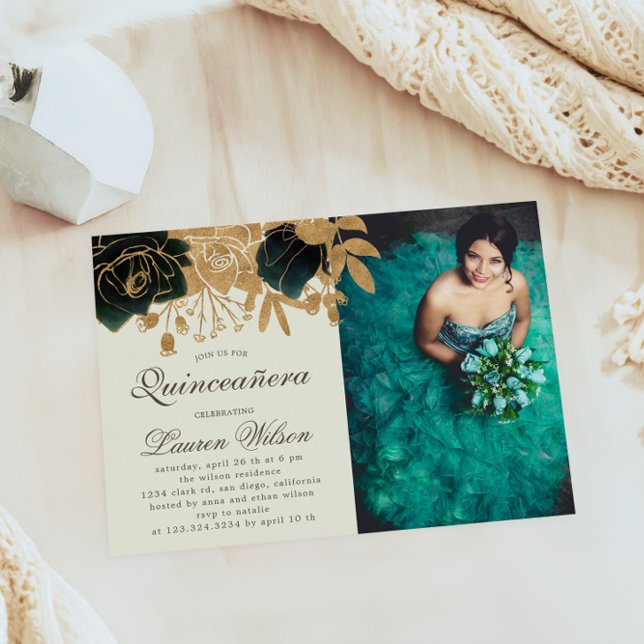 Fotoinbjudan till Watercolor Guld Ro Quinceanera Inbjudningar (Skapare uppladdad)