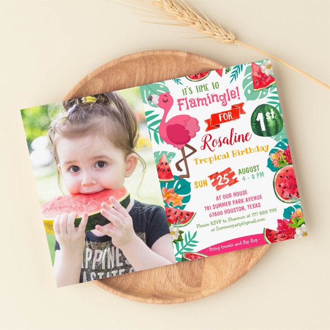 Fotoinbjudan till Watermelon Flamingo Birthday Inbjudningar (Skapare uppladdad)