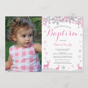 Fotoinbjudan till Winter Hjort Girl Baptism Inbjudningar