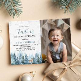 Fotoinbjudan till Winter Onederland Hjort Birthday Inbjudningar