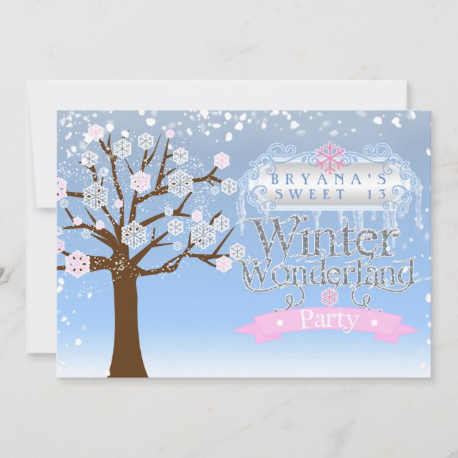 Fotoinbjudan till Winter Wonderland Rosa Birthday Inbjudningar (Framsida)