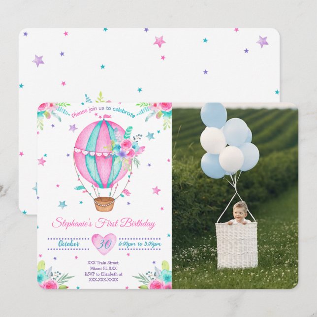 Fotoinbjudningar till Luft Ballon Birthday Inbjudningar (Fram/baksida)